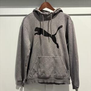 Puma Hoodie Mens Medium Gray Pullover Sweatshirt Kangaroo Pocket Big Cat Logo
